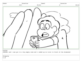 Scene
019
Duration
00:04
Panel
2
Duration
00:02
Dialog
STEVEN: and i was put in a big empty room and i ended up on trial in front of the diamonds!
Slugging
5.14
 