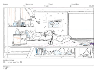 Scene
005
Duration
00:22
Panel
1
Duration
00:02
Action Notes
FX - water sparkle FX
Slugging
1.10
 
