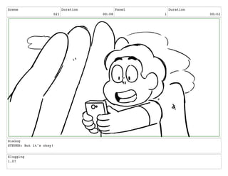 Scene
021
Duration
00:08
Panel
1
Duration
00:02
Dialog
STEVEN: But it's okay!
Slugging
1.07
 