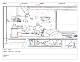 Scene
005
Duration
00:22
Panel
8
Duration
00:02
Action Notes
Steven jumps off the bed.
Slugging
0.04
 