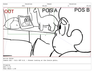 Scene
002
Duration
00:04
Panel
2
Duration
00:02
Action Notes
Camera ADJ - Pull OUT S.E. - Steven looking at the Connie photo.
Slugging
ADJ: 0.12
Then HOLD: 1.06
 