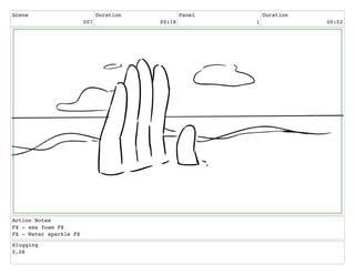 Scene
007
Duration
00:18
Panel
1
Duration
00:02
Action Notes
FX - sea foam FX
FX - Water sparkle FX
Slugging
0.08
 