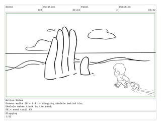 Scene
007
Duration
00:18
Panel
2
Duration
00:02
Action Notes
Steven walks IN - S.E. - dragging ukelele behind him.
Ukelele makes track in the sand.
FX - sand trail FX
Slugging
1.02
 