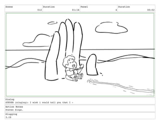 Scene
012
Duration
01:16
Panel
4
Duration
00:02
Dialog
STEVEN (singing): I wish i could tell you that I -
Action Notes
Steven Sings.
Slugging
3.10
 