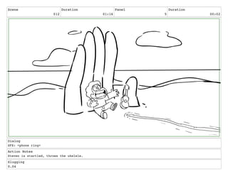 Scene
012
Duration
01:16
Panel
5
Duration
00:02
Dialog
SFX: <phone ring>
Action Notes
Steven is startled, throws the ukelele.
Slugging
0.04
 