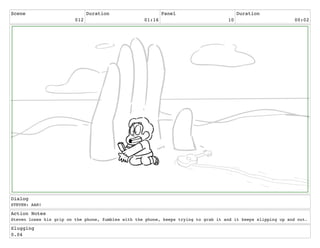 Scene
012
Duration
01:16
Panel
10
Duration
00:02
Dialog
STEVEN: AAH!
Action Notes
Steven loses his grip on the phone, fumbles with the phone, keeps trying to grab it and it keeps slipping up and out.
Slugging
0.04
 