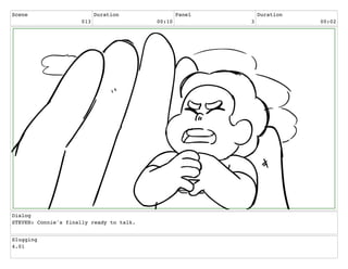 Scene
013
Duration
00:10
Panel
3
Duration
00:02
Dialog
STEVEN: Connie's finally ready to talk.
Slugging
4.01
 