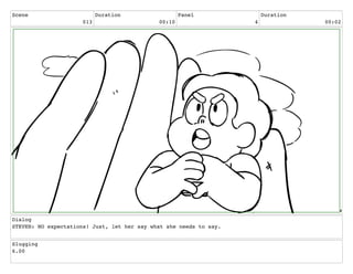 Scene
013
Duration
00:10
Panel
4
Duration
00:02
Dialog
STEVEN: NO expectations! Just, let her say what she needs to say.
Slugging
6.00
 