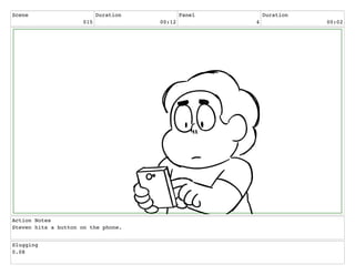 Scene
015
Duration
00:12
Panel
4
Duration
00:02
Action Notes
Steven hits a button on the phone.
Slugging
0.08
 