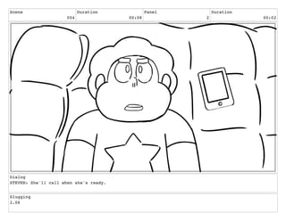Scene
004
Duration
00:08
Panel
2
Duration
00:02
Dialog
STEVEN: She'll call when she's ready.
Slugging
2.06
 