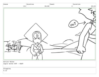 Scene
151
Duration
00:08
Panel
3
Duration
00:02
Action Notes
Lapis walks OUT - EAST
Slugging
0.12
 