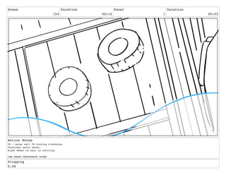 Scene
154
Duration
00:12
Panel
1
Duration
00:02
Action Notes
FX - water wall FX turning clockwise.
Turbulent water waves.
Right Wheel on barn is rattling.
CAM SHAKE THROUGHOUT SCENE
Slugging
0.04
 