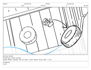 Scene
154
Duration
00:12
Panel
3
Duration
00:02
Action Notes
Turbulent water waves.
Right Wheel breaks off of barn. Left wheel falls OUT - S.E.
Slugging
0.04
 