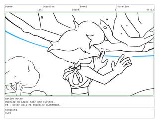 Scene
125
Duration
00:08
Panel
1
Duration
00:02
Action Notes
Overlap on Lapis hair and clothes.
FX - water wall FX twisting CLOCKWISE.
Slugging
0.06
 