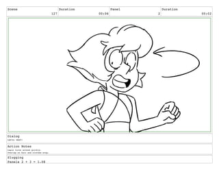 Scene
127
Duration
00:06
Panel
2
Duration
00:02
Dialog
LAPIS: WHAT!
Action Notes
Lapis turns around quickly.
Overlap on hair and clothes stop.
Slugging
Panels 2 + 3 = 1.08
 