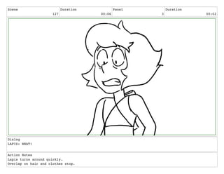 Scene
127
Duration
00:06
Panel
3
Duration
00:02
Dialog
LAPIS: WHAT!
Action Notes
Lapis turns around quickly.
Overlap on hair and clothes stop.
 