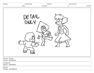 Scene
128
Duration
02:04
Panel
4
Duration
01:00
Action Notes
DETAIL REFERENCE
Slugging
DETAIL REFERENCE
Notes
DETAIL REFERENCE
 