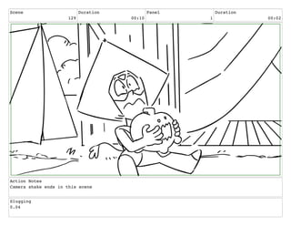 Scene
129
Duration
00:10
Panel
1
Duration
00:02
Action Notes
Camera shake ends in this scene
Slugging
0.04
 