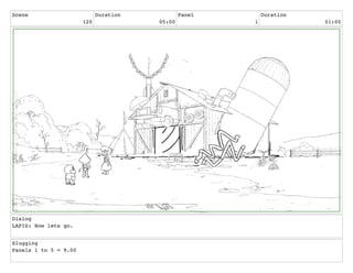 Scene
120
Duration
05:00
Panel
1
Duration
01:00
Dialog
LAPIS: Now lets go.
Slugging
Panels 1 to 5 = 9.00
 