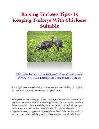 Raising Turkeys Tips - Is
Keeping Turkeys With Chickens
           Suitable




    Click Here To Learn How To Raise Turkeys Correctly from
     Owners Who Have Raised More Than 250,000 Turkeys


You might have started raising turkeys and you are thinking of keeping
turkeys with chickens, would that be a good move?



Most professional turkey growers are not open to that idea. Turkeys are
highly susceptible to the Blackhead organisms. 100% mortality results if
they contract the disease and they have not been protected with proper
medication. A lot of chicken carry Blackhead organisms but these
organisms have no apparent effect on them. One of the cardinal rules of
turkey growers is avoid the practice of keeping turkeys with chickens.
 