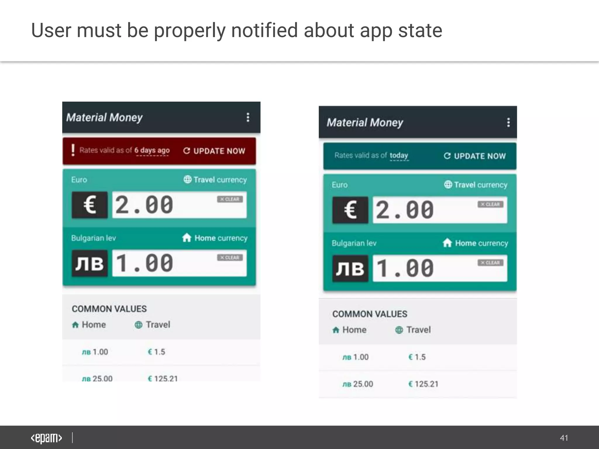 41
User must be properly notified about app state
 