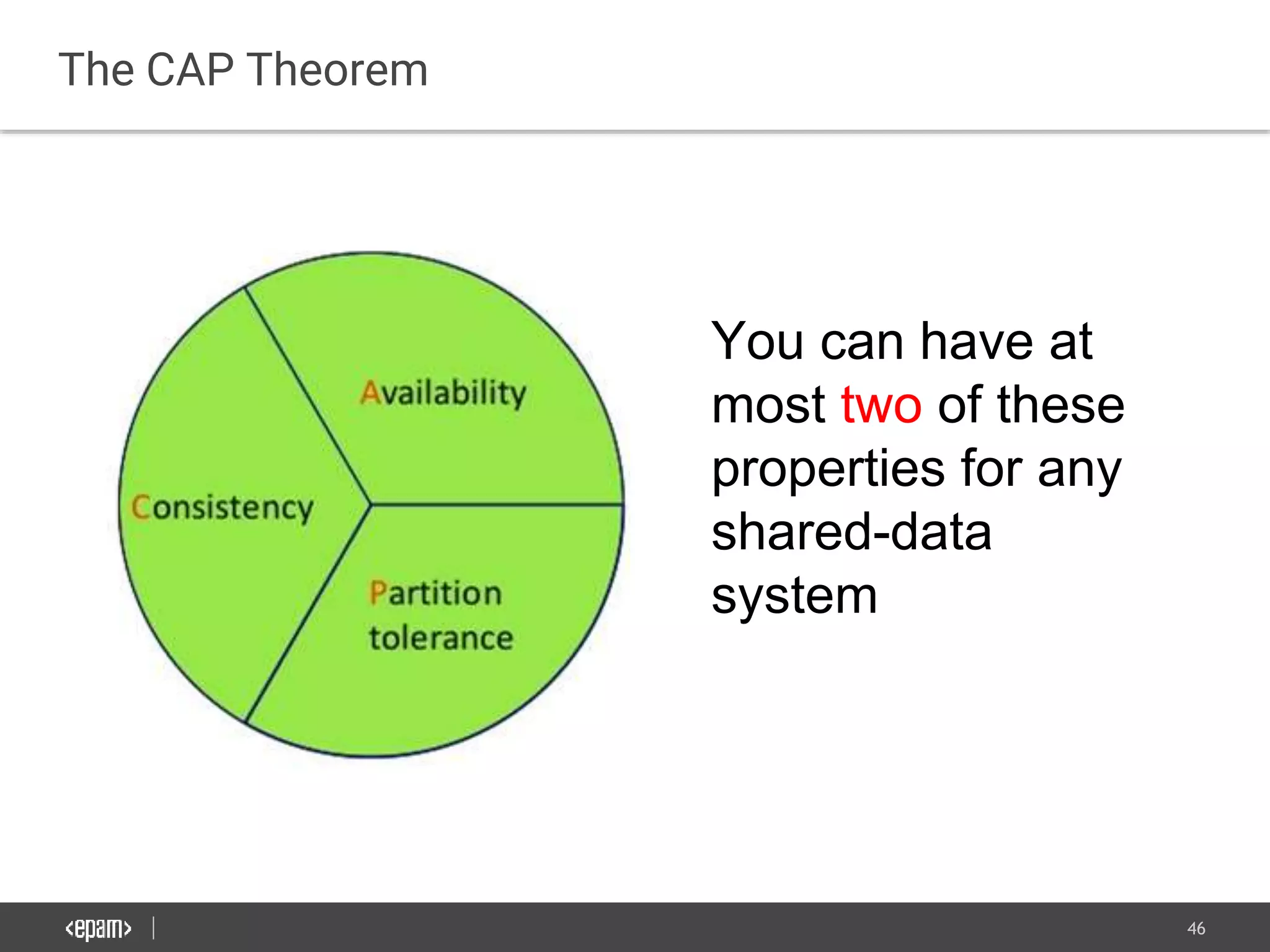46
The CAP Theorem
You can have at
most two of these
properties for any
shared-data
system
 