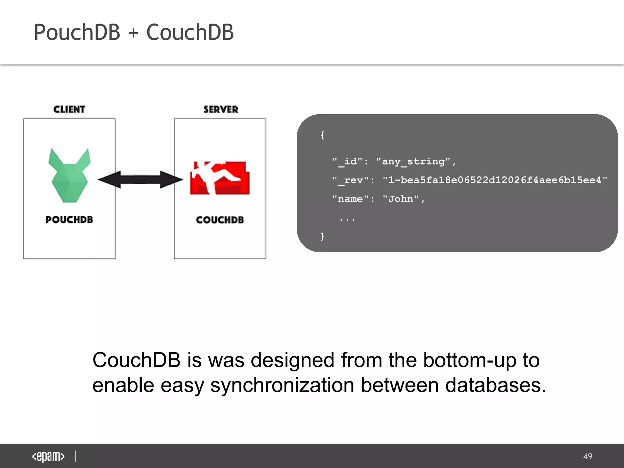 49
PouchDB + CouchDB
CouchDB is was designed from the bottom-up to
enable easy synchronization between databases.
{
"_id": "any_string",
"_rev": "1-bea5fa18e06522d12026f4aee6b15ee4"
"name": "John",
...
}
 