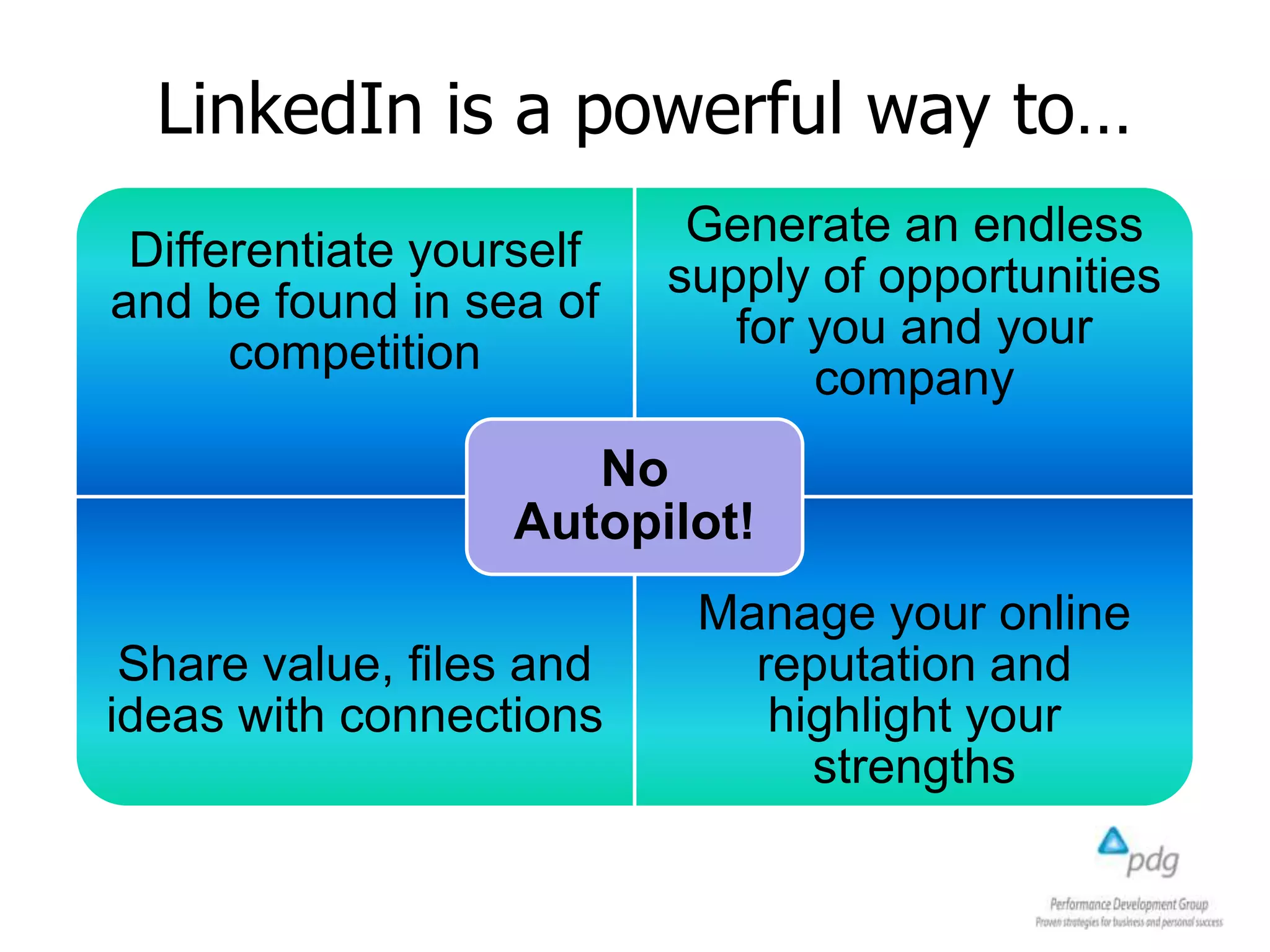 LinkedIn is a powerful way to…
Differentiate yourself
and be found in sea of
competition
Generate an endless
supply of opportunities
for you and your
company
Share value, files and
ideas with connections
Manage your online
reputation and
highlight your
strengths
No
Autopilot!
 