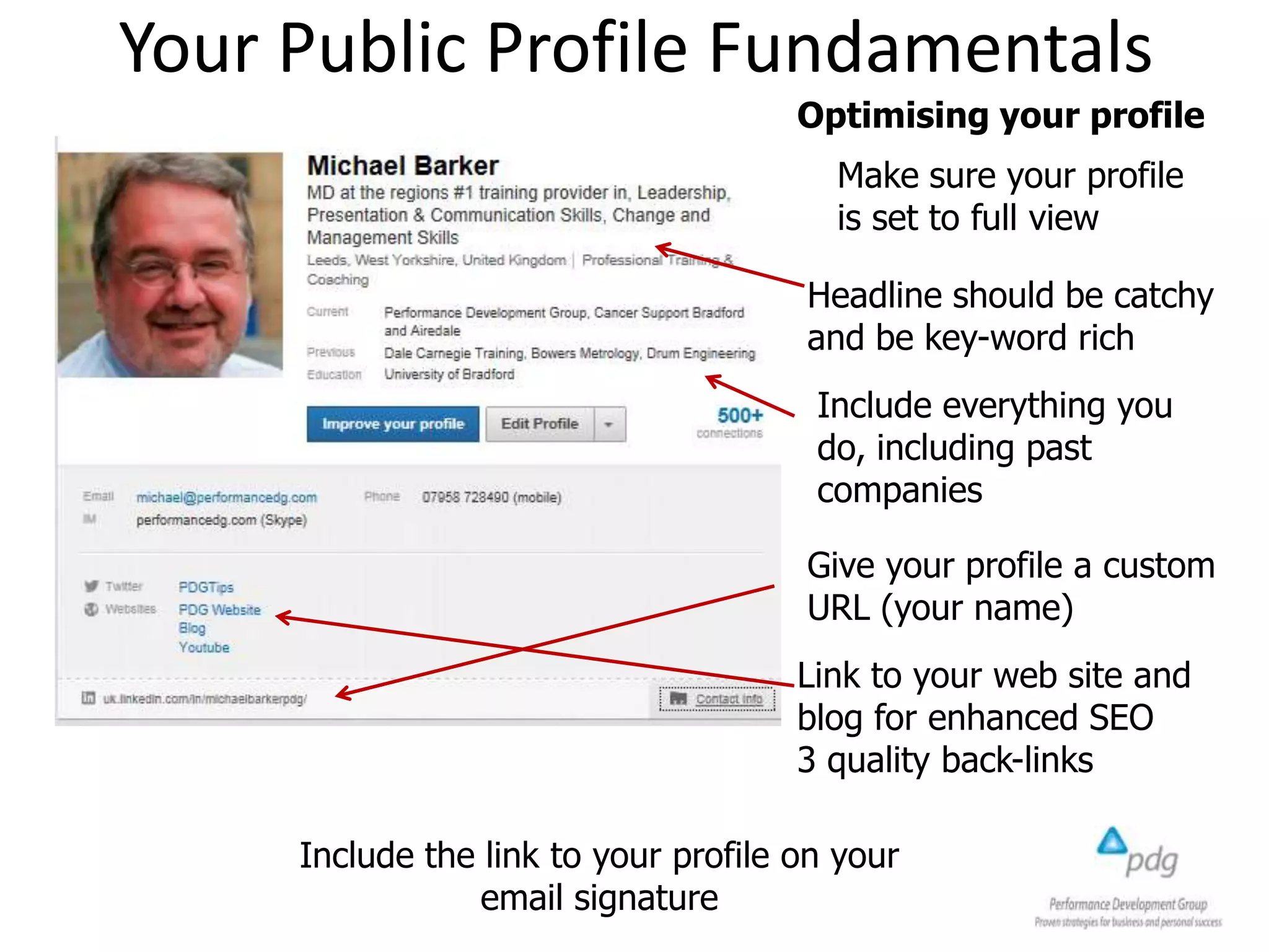 Your Public Profile Fundamentals
Make sure your profile
is set to full view
Include everything you
do, including past
companies
Give your profile a custom
URL (your name)
Include the link to your profile on your
email signature
Link to your web site and
blog for enhanced SEO
3 quality back-links
Optimising your profile
Headline should be catchy
and be key-word rich
 