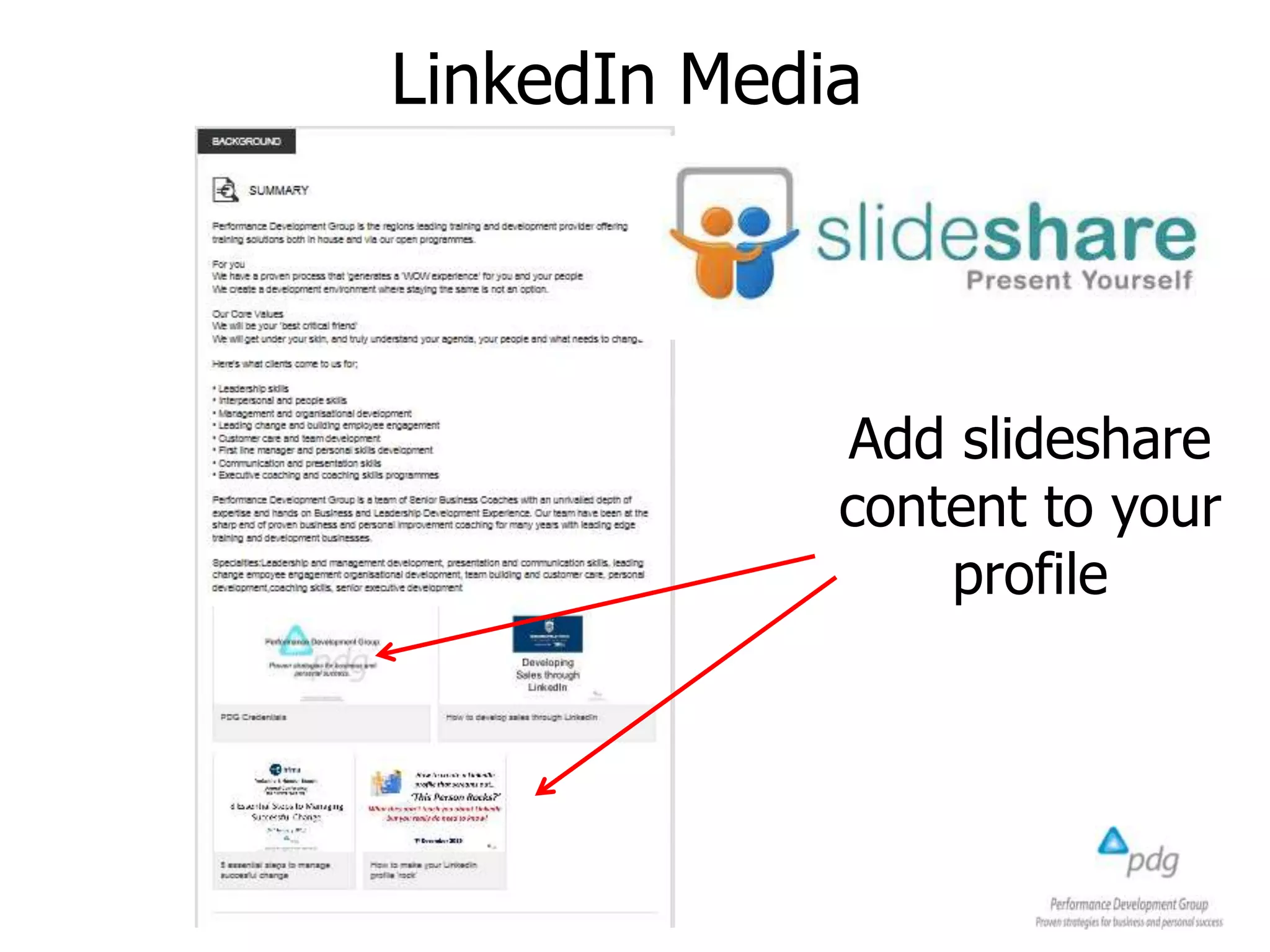 LinkedIn Media
Add slideshare
content to your
profile
 