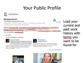 Your Public Profile
Load your
current and
past work
history with
terms you
want to be
found for
 