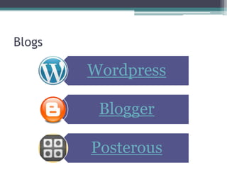 Blogs

        Wordpress

         Blogger

        Posterous
 