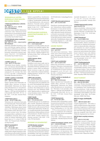 12 Raisio T I E D O T TA A




SEURAAVILLA LASTEN                                    kehittää tasapainohallintaa, koordinaatiota            18.30 Friisilän koulu. Laulupedagogi Katriina       materiaalit. Kurssipäivät la – su 14. – 15.1.,
                                                      sekä keskittymistä. Erinomaista kehonhuoltoa           Virta.                                              11. – 12.2., 10. – 11.3. ja 14. –15.4. Vaisaa-
KURSSEILLA VIELÄ MUUTA-
                                                      ja -hallintaa. Tunnilla käydään rauhallisesti läpi                                                         ren koulun puutyöluokka. Verhoilija Anne
MA VAPAA PAIKKA                                       eri lihasryhmäharjoitteita, jotka parantavat
                                                                                                             110307 Muotokuvapiirustuskurssi
                                                                                                                                                                 Pelkonen.
                                                                                                             28.1. – 29.1.12 (16 t) 30 €
110325 Kuvataidekouluun valmenta-                     lihaskuntoa. Varusteeksi tanssiasu, pehmeät
va ryhmä 6 v                                                                                                 Opettelemme muotokuvapiirustuksen perus-
                                                                                                                                                                 110436 Hopeasavesta sormus
                                                      harjoitustossut tai sukat, juomapullo ja hi-
7.9. – 23.11.11, 11.1. – 4.4.12                                                                                                                                  16.2.12 (4 t) 11 €
                                                      kipyyhe. Su klo 11.45 – 13.00 Tikanmaan                asiat. Työskentelemme valokuvan pohjalta,
(32 t) 34 €/lukukausi                                                                                        käytössämme on toisena päivänä myös kas-
                                                                                                                                                                 Opitaan perustekniikat, valmistetaan kaunis
                                                      koulu. Tanssinopettaja Tuire Saira.
Tutustutaan taiteen ilmiöihin leikinomaisen                                                                                                                      sormus ja saadaan vinkkejä harrastuksen jat-
                                                                                                             vomalli. Tutkitaan mitkä asiat ovat tärkeitä
työskentelyn avulla. Valmentavan kurssin                                                                                                                         kamiseksi. Materiaali- ja työvälinemaksu 32 €
                                                      KEVÄTKAUDEN KURSSEJA,                                  mallin näköisyyden kannalta sekä luonteen
                                                                                                                                                                 (käteismaksu). To klo 17.30 – 20.30 Lukio.
suorittamisesta on etua pyrittäessä kuvataide-                                                               ja eloisuuden saavuttamiseksi. Lyijykyniä ja
kouluun. Ke klo 17.15 – 18.15 Kylä-Klemelä.           ILMOITTAUTUMINEN 30.11.                                                                                    Ohjaaja Elina Kaarrela.
                                                                                                             piirustuspaperia sekä hyvälaatuinen valokuva
Kuvataiteilija Tarja Orvokki Virtanen.                ALKAEN
                                                                                                             (ei liian pieni) kasvoista mukaan ensimmäi-         110437 Korukurssi
110326 Matkalla taiteen maailmaan                                                                            sellä kerralla. Henkilökohtaista ohjausta sekä      5.2. – 12.2.12 (8 t) 15 €
Kuvataidekoulu 7 v
                                                      KIELET
                                                                                                             kuvaesityksiä aihepiiristä. La – su klo 10.00       Perehdymme korunteon perustekniikkaan ja
6.9. – 29.11.11, 10.1. – 24.4.12 (37 t)               120310 Kello kolmen englanti                           – 16.00 Lukio. TaM Nanna Jalkanen.                  korumateriaaleihin. Jokainen suunnittelee ja
50 €/lukukausi                                        11.1. – 4.4.12 (24 t) 30 €                                                                                 kokoaa korun itse. Käytössä olevat korumate-
Opinnoissa tarkastellaan kuvataiteen ja arjen         Iltapäiväkurssi senioreille ja kaikille, jotka eivät   KÄDEN TAIDOT                                        riaalit ovat makeanveden helmi, erilaiset koru-
kuvia sekä kehitetään oppilaan kulttuurin,            ole koskaan ennen opiskelleet englantia. Aloi-                                                             kivet, helmiäinen, lasi-, akryyli- ja puuhelmi.
nykytaiteen ja taidehistorian tuntemusta. Op-         tamme aivan alusta ja etenemme leppoisasti,            110409 Ystävänpäiväkurssi
                                                                                                                                                                 Ilmoittaudu mukaan yksin, ystävän tai lapsen
pilas tutustuu esineympäristöön, muotoilun                                                                   12.2. – (6 t) 12 €
                                                      joten rohkeasti mukaan! Työskentelemme                                                                     kanssa ja saat nauttia tekemisen ilosta ihanien
perusteisiin, rakennettuun ja luonnon ympä-                                                                  Tule ystäväsi kanssa onnistumaan... Valmis-
                                                      paljon pareittain. Oppikirja English for You,                                                              korujen merkeissä! Lapsen osalta alaikäraja
ristöön. Ti klo 18.15 – 19.15 Kylä-Klemelä.                                                                  tamme savesta esineitä koruista pienoisveis-
                                                      too! Starter. Ke klo 15.00 – 16.30 Lukio. FM                                                               6-7 vuotta. Kurssin aikana käytössäsi ovat
Kuvataiteilija Tarja Orvokki Virtanen.                                                                       toksiin. Työt poltetaan. Su klo 10.00 – 14.30
                                                      Annamari Heinonen.                                                                                         koruntekoon tarvittavat välineet. Materiaalit
                                                                                                             Kylä-Klemelä. Keraamikko Minnaliisa Soini-
                                                      120701 Espanjan alkeet,                                                                                    voit ostaa opettajalta. Su klo 12.15 – 15.15
                                                                                                             Koutu.
SYKSYN UUSIA KURSSEJA                                 päiväryhmä                                                                                                 Lukio. Ohjaaja Nina Packalen.
                                                      11.1. – 4.4.12 (20 t) 25 €                             110415 Lasin uunitekniikat
1104990 Lasikoru B                                                                                                                                               110441 Kankaanpainanta
                                                                                                             14.1. – 22.1.12 (24 t) 34 €
7.10. – 20.11.11 (15 t) 22 €                          Rauhallisesti etenevä kurssi sinulle, joka ha-
                                                                                                             Opitaan lasin taivuttaminen ja muottiin su-         9.1. – 2.4.12 (18 t) 25 €
Valmistamme koruja (riipuksia, sormuksia,             luat aloittaa espanjan opiskelun aivan alusta.
                                                                                                             lattaminen. Yhdistetään eri materiaaleja kuten      Painamme seula-, sabluuna- tai leimasinpai-
rinta- ja korvakoruja) sulatustekniikalla. Voit       Harjoitellaan ääntämistä, opiskellaan perusra-
                                                                                                             metallilankoja ja verkkoja ym. sulatettavaan la-    nantatekniikalla yksittäisiä tuotteita, sarjoja
käyttää sulatus- ja/tai kierrätyslasia (ikkunala-     kenteita ja -sanastoa. Aiheet ovat käytännön-
                                                                                                             siin. Tarvikeluettelon saat opiston toimistosta.    tai kokonaisia kankaita. Värien yhteistilaus
sia, pulloja ym.). Tarvikeluettelon saat opiston      läheisiä, tavoitteena on oppia mm. tervehti-
                                                                                                             Kurssipäivät: la – su 14. –15.1. ja 21. – 22.1.     tehdään ensimmäisellä kerralla. Joka toinen ma
toimistolta. Pe 7.10., 14.10. klo 17.00 – 20.45       mään, esittäytymään ja tilaamaan kahvilassa.
                                                                                                             klo 10.00 – 14.30 Kylä-Klemelä. Keraamikko          klo 18.00 – 19.30 Vaisaaren koulun kuvataide-
ja su 20.11. klo 10.00 – 14.30 Kylä-Klemelä.          Oppikirja Fantástico! 1. Ke klo 14.15 – 15.30
                                                                                                             Minnaliisa Soini-Koutu.                             luokka. Muotoilija (AMK) Päivi Koskinen.
Keraamikko Minnaliisa Soini-Koutu.                    Lukio. FM Elina Koivu.
                                                                                                             110417 Lasitöitä eri tekniikoilla vii-
1104991 Lasitöitä eri tekniikoilla                    129813 Idon perusteet
                                                                                                             konloppu, kevät
                                                                                                                                                                 MUUT KURSSIT
viikonloppu B, syksy                                  7.2. – 27.3.12 (14 t) 17 €
                                                                                                             27.1. – 29.1.12 (15 t) 22 €                         340110 Windows tutuksi
4.11. – 6.11.11 (15 t) 22 €                           Ido on tekokieli, joka on kehitetty esperantos-
                                                                                                             Opitaan tekemään lasityö haluamallasi tek-          9.2. – 8.3.12 (12 t) 30 €
Opitaan tekemään lasityö haluamallasi tek-            ta. Tule oppimaan kieli, jossa poikkeukset eivät
                                                                                                             niikalla: tiffany-, lasinetsaus- tai lasimosa-      Tutustutaan Windows-käyttöjärjestelmän
niikalla: tiffany-, lasinetsaus- tai lasimosa-        ole vaivana. Parin kuukauden idon opiskelun
                                                                                                             iikkitekniikalla. Valmistetaan esim. lyhtyjä,       toimintoihin ja käyttöjärjestelmään kuulu-
iikkitekniikalla. Valmistetaan esim. lyhtyjä,         jälkeen voit vaivatta kommunikoida kan-
                                                                                                             peilejä, ikkunakoristeita ym. sisustuselement-      viin apuohjelmiin, kuten tekstinkäsittelyyn
peilejä, ikkunakoristeita ym. sisustuselement-        sainvälisesti. Idon kielijärjestelmä voi opettaa
                                                                                                             tejä. Materiaalit voi ostaa opettajalta, työstä     ja piirustusohjelmaan. Lisäksi opetellaan
tejä. Materiaalit voi ostaa opettajalta, työstä       katsomaan myös omaa äidinkieltä uudella
                                                                                                             riippuen n. 20 €. Sopii sekä aloittelijoille että   tekemään tietokoneeseen tärkeimmät säädöt
riippuen n. 20 €. Sopii sekä aloittelijoille että     tavalla. Oppimateriaalista ja opiskelutavoista
                                                                                                             jo harrastaneille. Pe klo 18.00 – 20.15, la – su    ja harjoitellaan tiedostonhallintaa. Sopii myös
jo harrastaneille. Pe klo 18.00 – 20.15, la – su      sovitaan kurssilaisten kesken. Ti klo 18.00 –
                                                                                                             klo 11.00 – 15.30 Lukio. Artenomi Hanna             aloittelijoille. To klo 18.00 – 20.15 Lukio.
klo 11.00 – 15.30 Lukio. Artenomi Hanna               19.30 Lukio. FL Arto Moisio.
                                                                                                             Laulajainen.                                        Kultt.tuott. (AMK) Frida Ylönen.
Laulajainen.
                                                      120601 Pienillä
                                                      kielieväillä Pietariin                                 110429 Pajunpunonta                                 830114 Joogaa aloittelijoille,
110443 Raisio-puku II
                                                      28.2. – 17.4.12 (16 t) 24 €                            2.3. – 4.3.12 (22 t) 29 €
12.10. – 14.12.11 (30 t) 42 e                                                                                                                                    kevät
                                                      Tämä kielimatka sopii niin vasta-alkajille kuin        Tutustutaan pajun ominaisuuksiin ja opetel-         12.1. – 29.3.12 (22 t) 32 €
Valmistetaan joko naisen/tytön Raisio-puku
                                                      alkeet osaaville. Opettelemme keskusteluti-            laan punonnan perustekniikoita. Itse kerätyistä     Lempeää joogaharjoittelua - kohti kehon ja
tai miehen/pojan puku. Naisen/tytön pukuun
                                                      lanteita, joissa turisti haluaa selviytyä venäjän      pajuista punotaan käyttö- ja koriste-esineitä;      mielen syvempää tuntemusta: jooga-asentojen,
kuuluu hame, liivi, pusero, esiliina, huivi ja
                                                      kielellä. Internetin avulla tutustumme Pietarin        kransseja, amppeleita, köynnöstukia ja erilaisia    oikeanlaisen hengittämisen ja keskittymisen
rahakukkaro. Miehen/pojan pukuun kuuluu
                                                      merkittävimpiin nähtävyyksiin. Samalla teem-           koreja. Infotilaisuudessa to 16.2. klo 18.00        kautta voi löytyä tasapainoinen keho ja rauhal-
pusero ja liivi. Materiaalit yhteishankintana.
                                                      me virtuaalisen kävelyretken Pietarin kaduilla.        - 19.30 saa tietoa punontaan soveltuvasta           linen mieli (hatha-jooga). Pehmeät vaatteet ja
Ensimmäisellä tunnilla jäljennetään ja koo-
                                                      Harjoittelemme erilaisissa paikoissa tarvittavia       pajusta, sen keräämisestä sekä työvälineistä.       alusta, esim. rantapyyhe. To klo 19.00 – 20.30
taan kaavat sovitusta varten. Ota mukaan
                                                      keskustelutilanteita (hotelliin kirjoittautu-          Tarvittaessa tehdään yhteinen materiaalitilaus.     Huhkotalo. Jooganopettaja Lasse Aitokari.
muistiinpanovälineet, spriiliukoinen tussi tai
                                                      minen, kahvila, ravintola, tuliaisten osto).           Pe klo 18.00 – 21.00, la –
kuulakärkikynä, mittanauha, sakset ja nuppi-
                                                                                                             su klo 10.00 – 16.00 Vaisaaren koulun ku-           830129 Asahi venyttely/rentoutus,
neuloja. Jos valmistat miehen/pojan puvun,            Opettajan materiaali. Ti klo 18.00 – 19.30
                                                                                                             vataideluokka. Tekstiilityönopettaja Kristiina      kevät
kurssin kesto on 15 t ja hinta 21 €. Ke klo           Lukio. FM Seija Kaisalmi.                                                                                  13.1. – 30.3.12 (14 t) 20 €
                                                                                                             Aaltonen.
18.00 – 20.15 Vaisaaren koulu. Tekstiiliopet-                                                                                                                    Säännöllinen venyttely on lihaksille yhtä
taja Raija Knuutila.                                  MUSIIKKI JA KUVATAITEET                                110433 Huonekalujen verhoilu, kevät                 tärkeää kuin voimaharjoittelukin. Venyttely
                                                                                                             14.1. – 15.4.12 (72 t) 68 €                         tehostaa verenkiertoa ja ehkäisee lihasjäyk-
830133 Kuntobaletti B                                 110108 Aikuisten yksinlaulu
                                                                                                             Vasta-alkajille ja aikaisemmin verhoilua
11.9. – 27.11.11,                                     10.1. – 3.4.12 (32 t) 65 €                                                                                 kyyttä. Venyttelyllä saavutat hyvän ryhdin
8.1. – 1.4.12 (40 t) 45 €                                                                                    harrastaneille. Opetellaan verhoilemaan noja-       sekä tasapaino paranee. Rentoutusharjoitukset
                                                      Laulun yksilöopetusta 30 min/laulaja 12 kertaa
Tehokas aerobinen kuntoilumuoto, jossa                                                                       tuoli perinteisin tai nykyaikaisin menetelmin.      auttavat ylikierroksilla käyvää elimistöä lepää-
                                                      kurssin aikana. Harjoitellaan lauluohjelmistoa
tehdään baletin pohjalta harjoitelmia ja kehi-                                                               Ompelukonetta ei ole käytettävissä. Oma             mään ja rentoutumaan. Pe klo 18.15 – 19.15
                                                      ja keskitytään äänenmuodostukseen sekä hen-
tetään liikeratoja useilla toistoilla. Kiinnitetään                                                          tuoli mukaan jo ensimmäisellä kerralla (ei voi      Tikanmaan koulu. Ohjaaja Ritva Selkälä.
                                                      gitystekniikkaan. Sopii myös vasta-alkajille ja
huomiota ryhtiin sekä syviin tukilihaksiin. Laji                                                             säilyttää koululla). Kurssilainen maksaa omat
                                                      kevyen musiikin harrastajille! Ti klo 16.30 –
 