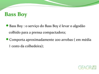 Bass Boy 
Bass Boy : o serviço do Bass Boy é levar o algodão 
colhido para a prensa compactadora; 
Comporta aproximadamente 200 arrobas ( em média 
1 cesto da colhedeira); 
 