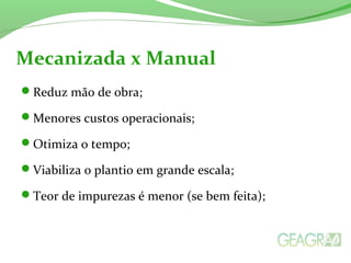 Mecanizada x Manual 
Reduz mão de obra; 
Menores custos operacionais; 
Otimiza o tempo; 
Viabiliza o plantio em grande escala; 
Teor de impurezas é menor (se bem feita); 
 