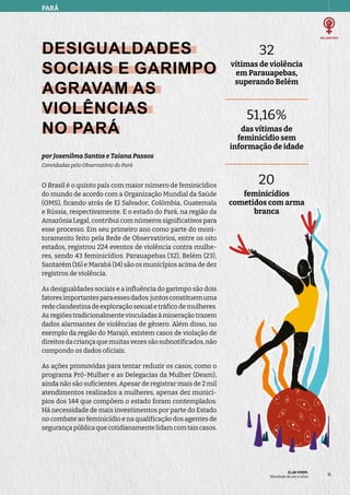 PARÁ
ELAS VIVEM:
liberdade de ser e viver
15
15
DESIGUALDADES
SOCIAIS E GARIMPO
AGRAVAM AS
VIOLÊNCIAS
NO PARÁ
por Josenilma Santos e Taiana Passos
Convidadas pelo Observatório do Pará
O Brasil é o quinto país com maior número de feminicídios
do mundo de acordo com a Organização Mundial da Saúde
(OMS), ficando atrás de El Salvador, Colômbia, Guatemala
e Rússia, respectivamente. E o estado do Pará, na região da
Amazônia Legal, contribui com números significativos para
esse processo. Em seu primeiro ano como parte do moni-
toramento feito pela Rede de Observatórios, entre os oito
estados, registrou 224 eventos de violência contra mulhe-
res, sendo 43 feminicídios. Parauapebas (32), Belém (23),
Santarém (16) e Marabá (14) são os municípios acima de dez
registros de violência.
As desigualdades sociais e a influência do garimpo são dois
fatoresimportantesparaessesdados:juntosconstituemuma
rede clandestina de exploração sexual e tráfico de mulheres.
As regiões tradicionalmente vinculadas à mineração trazem
dados alarmantes de violências de gênero. Além disso, no
exemplo da região do Marajó, existem casos de violação de
direitos da criança que muitas vezes são subnotificados, não
compondo os dados oficiais.
As ações promovidas para tentar reduzir os casos, como o
programa Pró-Mulher e as Delegacias da Mulher (Deam),
ainda não são suficientes. Apesar de registrar mais de 2 mil
atendimentos realizados a mulheres, apenas dez municí-
pios dos 144 que compõem o estado foram contemplados.
Há necessidade de mais investimentos por parte do Estado
no combate ao feminicídio e na qualificação dos agentes de
segurançapúblicaquecotidianamentelidamcomtaiscasos.
32
vítimas de violência
em Parauapebas,
superando Belém
51,16%
das vítimas de
feminicídio sem
informação de idade
20
feminicídios
cometidos com arma
branca
 