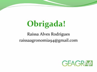 Raíssa Alves Rodrigues
raissaagronomia94@gmail.com
Obrigada!
 