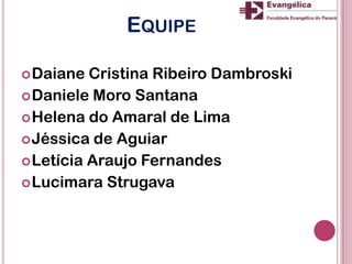 EQUIPE
Daiane Cristina Ribeiro Dambroski
Daniele Moro Santana
Helena do Amaral de Lima
Jéssica de Aguiar
Letícia Araujo Fernandes
Lucimara Strugava
 