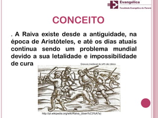 . A Raiva existe desde a antiguidade, na
época de Aristóteles, e até os dias atuais
continua sendo um problema mundial
devido a sua letalidade e impossibilidade
de cura
CONCEITO
Gravura medieval de um cão rábico
http://pt.wikipedia.org/wiki/Raiva_(doen%C3%A7a)
 