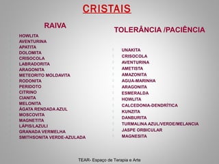 CRISTAIS
RAIVA




















HOWLITA
AVENTURINA
APATITA
DOLOMITA
CRISOCOLA
LABRADORITA
ARAGONITA
METEORITO MOLDAVITA
RODONITA
PERIDOTO
CITRINO
CIANITA
MELONITA
ÁGATA RENDADA AZUL
MOSCOVITA
MAGNETITA
LÁPIS/LAZULI
GRANADA VERMELHA
SMITHSONITA VERDE-AZULADA

TOLERÂNCIA /PACIÊNCIA
















UNAKITA
CRISOCOLA
AVENTURINA
AMETISTA
AMAZONITA
AGUA-MARINHA
ARAGONITA
ESMERALDA
HOWLITA
CALCEDONIA-DENDRÍTICA
KUNZITA
DANBURITA
TURMALINA AZUL/VERDE/MELANCIA
JASPE ORBICULAR
MAGNESITA

TEAR- Espaço de Terapia e Arte

 