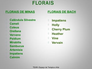 FLORAIS
FLORAIS DE MINAS












Calêndula Silvestre
Cameli
Coleus
Orellana
Vervano
Psidium
Mirabilis
Sambucus
Artemisia
Impatiens
Calmim

FLORAIS DE BACH







Impatiens
Holly
Cherry Plum
Heather
Vine
Vervain

TEAR- Espaço de Terapia e Arte

 