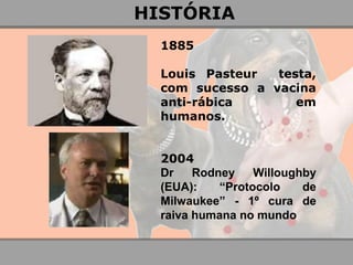 1885 
Louis Pasteur testa, com sucesso a vacina anti-rábica em humanos. 
2004 
Dr Rodney Willoughby (EUA): “Protocolo de Milwaukee” - 1º cura de raiva humana no mundo 
HISTÓRIA  