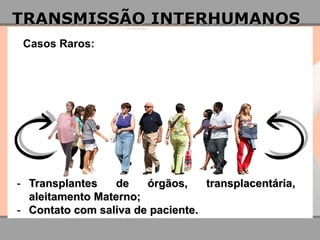 TRANSMISSÃO INTERHUMANOS 
-Transplantes de órgãos, transplacentária, aleitamento Materno; 
-Contato com saliva de paciente. 
Casos Raros:  