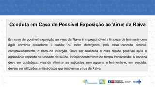 Conduta em Caso de Possível Exposição ao Vírus da Raiva
Em caso de possível exposição ao vírus da Raiva é imprescindível a limpeza do ferimento com
água corrente abundante e sabão, ou outro detergente, pois essa conduta diminui,
comprovadamente, o risco de infecção. Deve ser realizada o mais rápido possível após a
agressão e repetida na unidade de saúde, independentemente do tempo transcorrido. A limpeza
deve ser cuidadosa, visando eliminar as sujidades sem agravar o ferimento e, em seguida,
devem ser utilizados antissépticos que inativem o vírus da Raiva
 