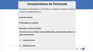 Características do Ferimento
Em relação à transmissão do vírus da Raiva, os acidentes causados por animais
devem ser avaliados quanto ao:
Local do acidente
Profundidade do acidente
Extensão e número de lesões
De acordo com os critérios acima estabelecidos, as exposições podem ser
assim classificadas:
1. Acidentes leves
2. Acidentes graves
 