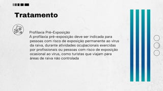 Tratamento
Profilaxia Pré-Exposição
A profilaxia pré-exposição deve ser indicada para
pessoas com risco de exposição permanente ao vírus
da raiva, durante atividades ocupacionais exercidas
por profissionais ou pessoas com risco de exposição
ocasional ao vírus, como turistas que viajam para
áreas de raiva não controlada
 