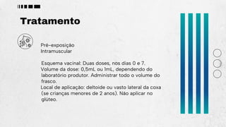 Tratamento
Pré-exposição
Intramuscular
Esquema vacinal: Duas doses, nos dias 0 e 7.
Volume da dose: 0,5mL ou 1mL, dependendo do
laboratório produtor. Administrar todo o volume do
frasco.
Local de aplicação: deltoide ou vasto lateral da coxa
(se crianças menores de 2 anos). Não aplicar no
glúteo.
 