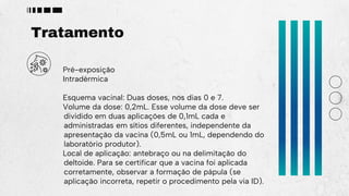Tratamento
Pré-exposição
Intradérmica
Esquema vacinal: Duas doses, nos dias 0 e 7.
Volume da dose: 0,2mL. Esse volume da dose deve ser
dividido em duas aplicações de 0,1mL cada e
administradas em sítios diferentes, independente da
apresentação da vacina (0,5mL ou 1mL, dependendo do
laboratório produtor).
Local de aplicação: antebraço ou na delimitação do
deltoide. Para se certificar que a vacina foi aplicada
corretamente, observar a formação de pápula (se
aplicação incorreta, repetir o procedimento pela via ID).
 