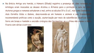  Na Grécia Antiga era temida, e Homero (Ilíada) registra a presença de cães raivosos; na
mitologia eram invocados os deuses Aristeu e Ártemis para a proteção e cura da raiva.
Autores gregos e romanos estudaram o mal, entre os séculos IV e I a.C., tais como Demócrito,
Aulo Cornélio Celso e Galeno, descrevendo-as em homens e animais e sua transmissão,
recomendando práticas como a sucção, cauterização por meio de substâncias cáusticas e/ou
ferro em brasa e também a excisão cirúrgica dos ferimentos: se a vítima não viesse a óbito
ficaria com várias cicatrizes.
 