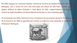 Em 1903 inaugura-se o Instituto Pasteur, através da iniciativa de Ulysses Paranhos e Bittencourt
Rodrigues, com o intuito de criar uma instituição anti-rábica em São Paulo. Tiveram apoio de
Ignácio Wallace da Gama Cochrane e José Maria do Valle, respectivamente, ex-deputado e
diretor da Superintendência de Obras Públicas do Estado e o outro desembargador.
07 de novembro de 1903 o Instituto inicia o tratamento de seu primeiro paciente. Entretanto, até
18 de fevereiro de 1904 os agredidos por animais ou suspeitos eram atendidos no consultório de
Bittencourt Rodrigues.
 